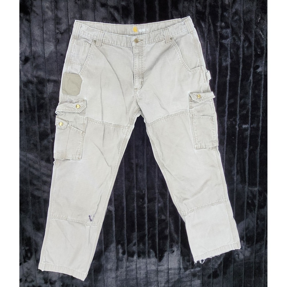 CARHARTT Men Ripstop Pant 38×32 B342-DES Khaki Cargo Cotton Work Double Knee